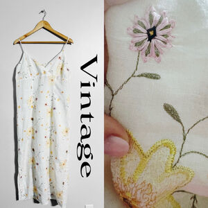 Vintage Embroidered Cottage Core Floral Linen Dainty Maxi or Midi Dress